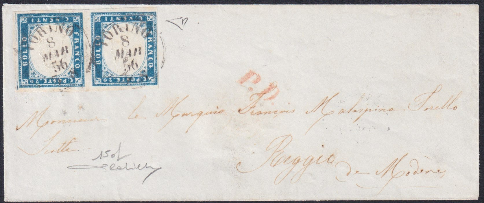 BO25_151 - 1856 - Lettera spedita da Torino per Reggio Emilia 8/3/56 affrancata con c. 20 cobalto latteo vivace I tavola coppia orizzontale (15d)