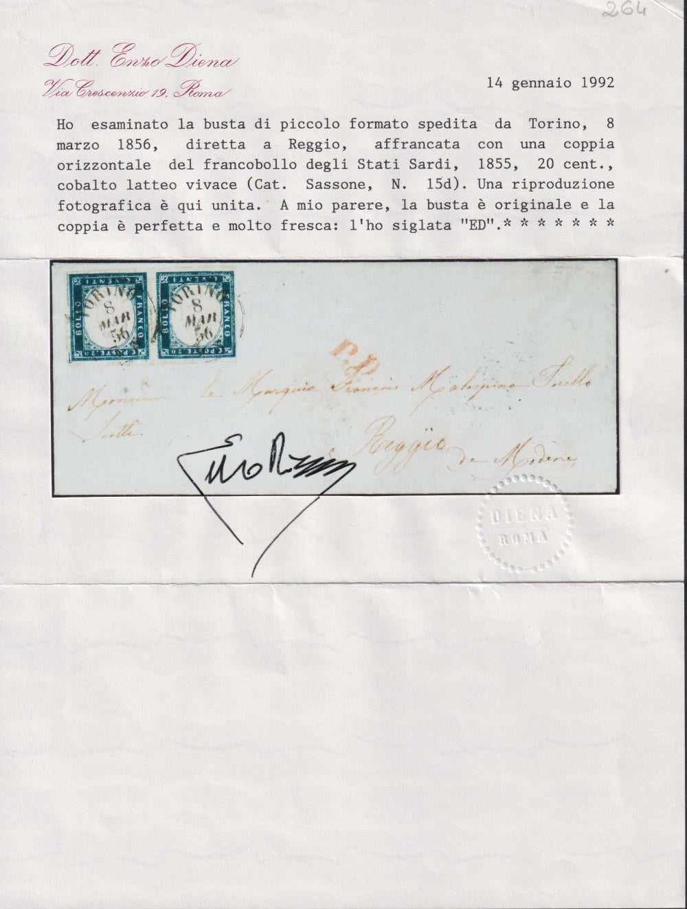 BO25_151 - 1856 - Lettera spedita da Torino per Reggio Emilia 8/3/56 affrancata con c. 20 cobalto latteo vivace I tavola coppia orizzontale (15d)
