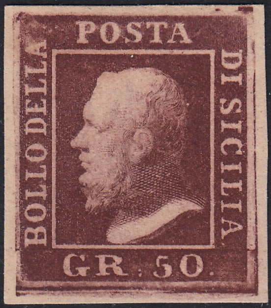 BO25_17 - 1859 - Effigie di Federico II di Borbone, 50 grana lacca bruno scuro violaceo, riproduzione di Jan De Sperati tipo "B" nuovo (14b, Sperati)