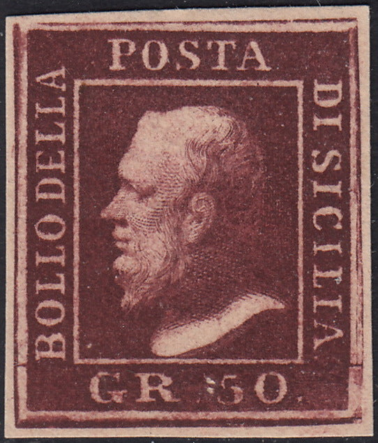 BO25_19 - 1859 - Effigie di Federico II di Borbone, 50 grana lacca bruno scuro violaceo, riproduzione di Jan De Sperati tipo "C" nuovo (14b, Sperati)