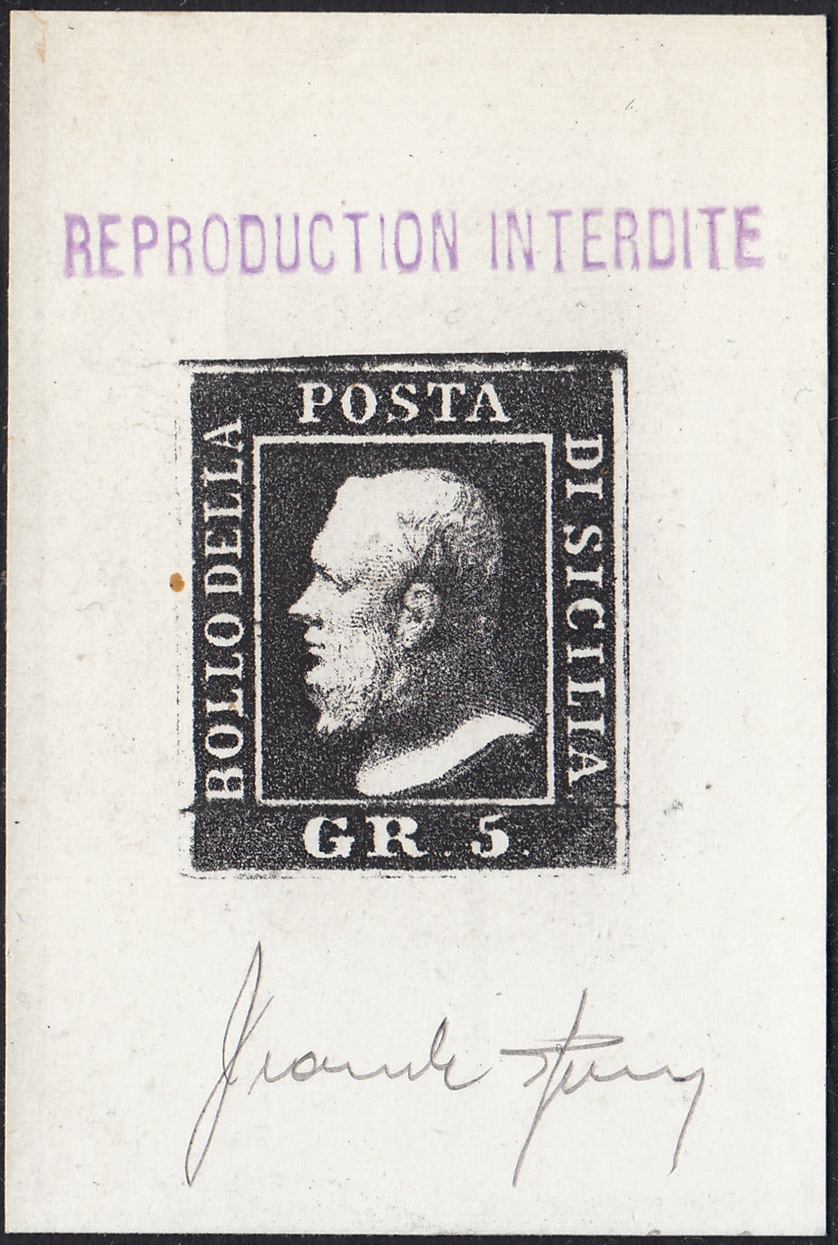 BO25_39 - 1859 - Effigie di Ferdinando II di Borbone, prova d'artista del gr. 5 in scala di grigi su carta gessata e con la firma dell'incisore, spettacolare (11, De Sperati)