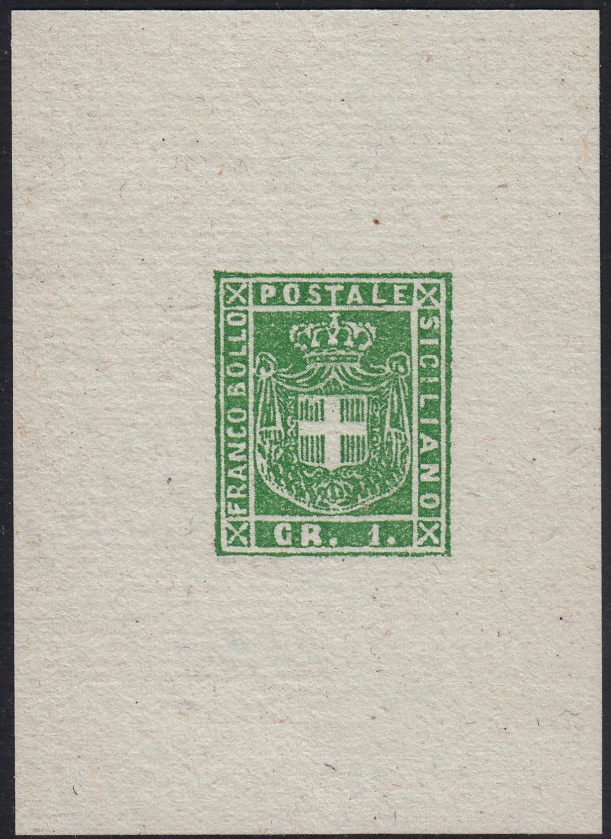 BO25_44 - 1859 - Saggio Ficarotta, imitazione sperati su cartoncino, gr.1 verde nuovo non gommato (P63, Sperati)
