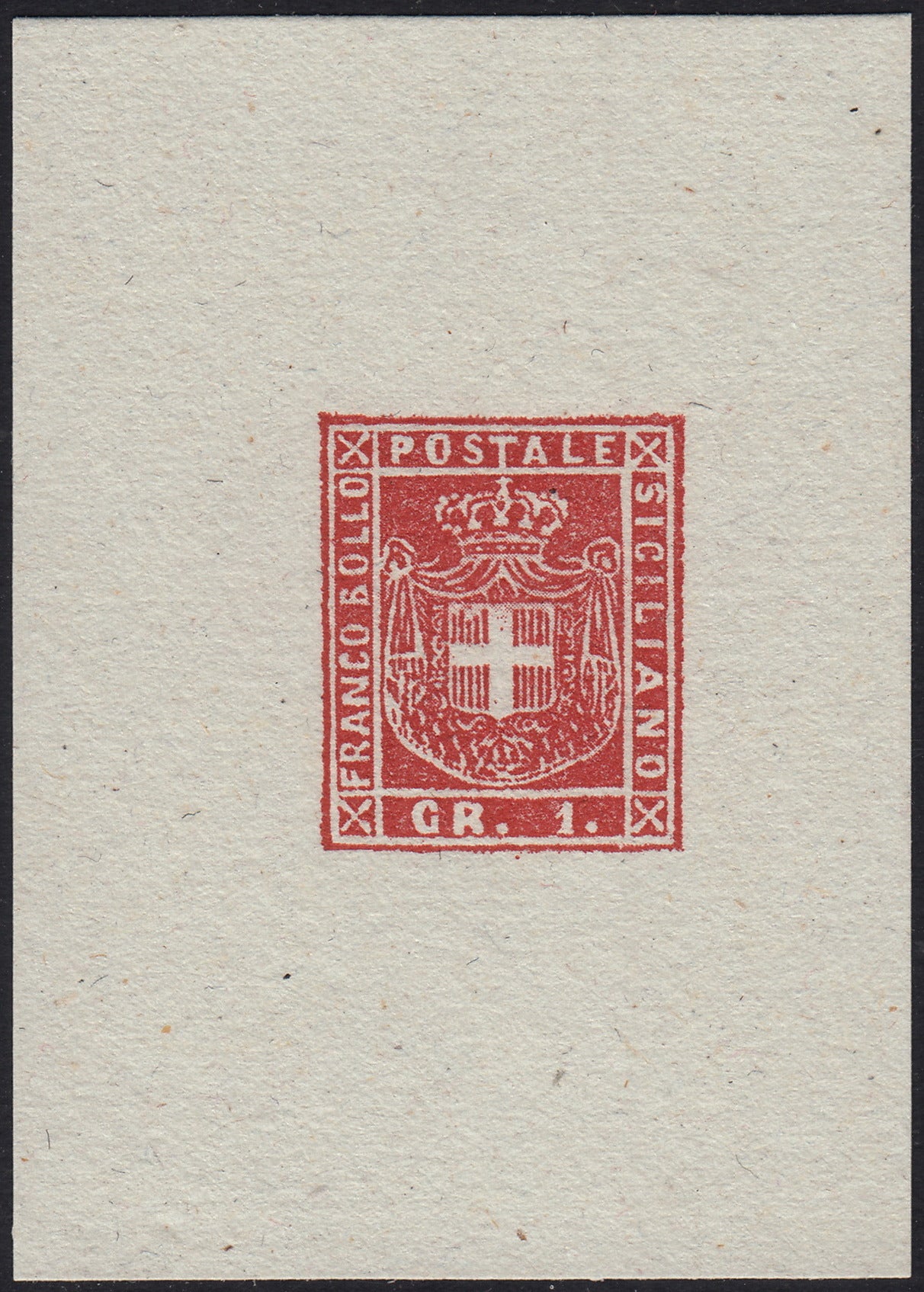 BO25_45 - 1859 - Saggio Ficarotta, imitazione sperati su cartoncino, gr.1 vermiglio nuovo non gommato (P63, Sperati)
