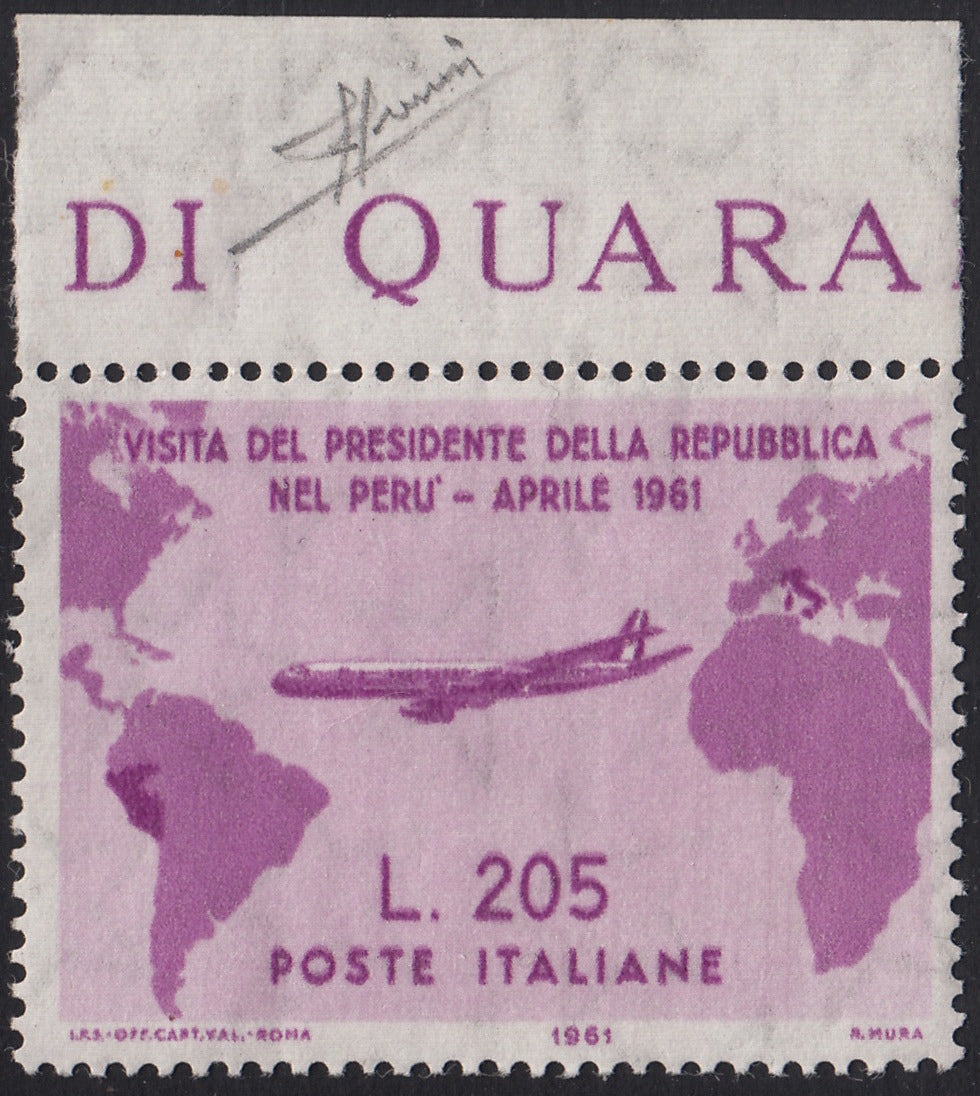 BO25_49 - 1961 - Visita del Presidente Gronchi, 205 L. lilla rosa, nuovo gomma integra margine di foglio superiore (921)