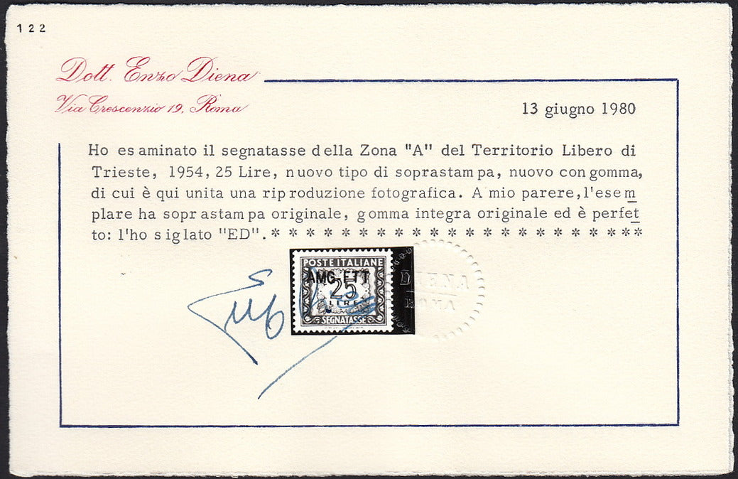 BO25_54 - Trieste Zona A - 1954 - Segnatasse L. 25 bruno rosso soprastampa nuovo tipo AMG-FTT nuovo gomma integra (25A)
