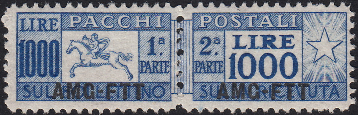 BO25_58 - Trieste Zona A - 1954 - Pacchi Postali L. 1000 oltremare "Cavallino" soprastampa AMG-FTT dentellatura lineare nuovo con gomma (26/I)