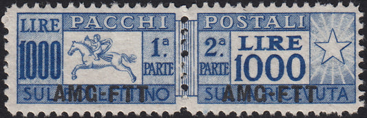 BO25_58 - Trieste Zona A - 1954 - Pacchi Postali L. 1000 oltremare "Cavallino" soprastampa AMG-FTT dentellatura lineare nuovo con gomma (26/I)