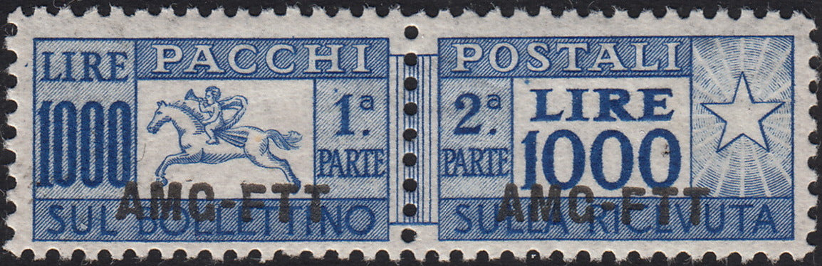 BO25_59 - Trieste Zona A - 1954 - Pacchi Postali L. 1000 oltremare "Cavallino" soprastampa AMG-FTT dentellatura pettine nuovo con gomma (26)