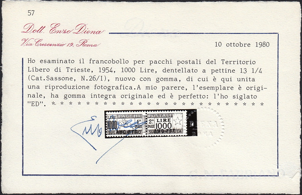 BO25_61 - Trieste Zona A - 1954 - Pacchi Postali L. 1000 oltremare "Cavallino" soprastampa AMG-FTT dentellatura pettine nuovo con gomma (26)