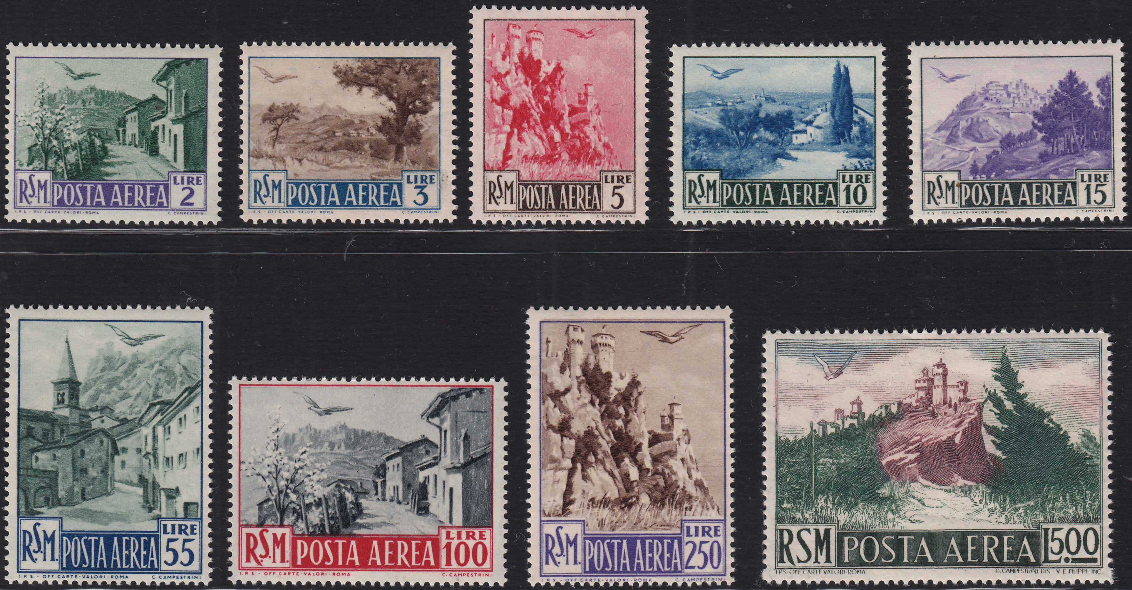 BO25_67 - Repubblica di San Marino  1950 - Posta Aerea, Vedute in formati vari, serie completa di nove esemplari nuova con gomma integra  (83/91)
