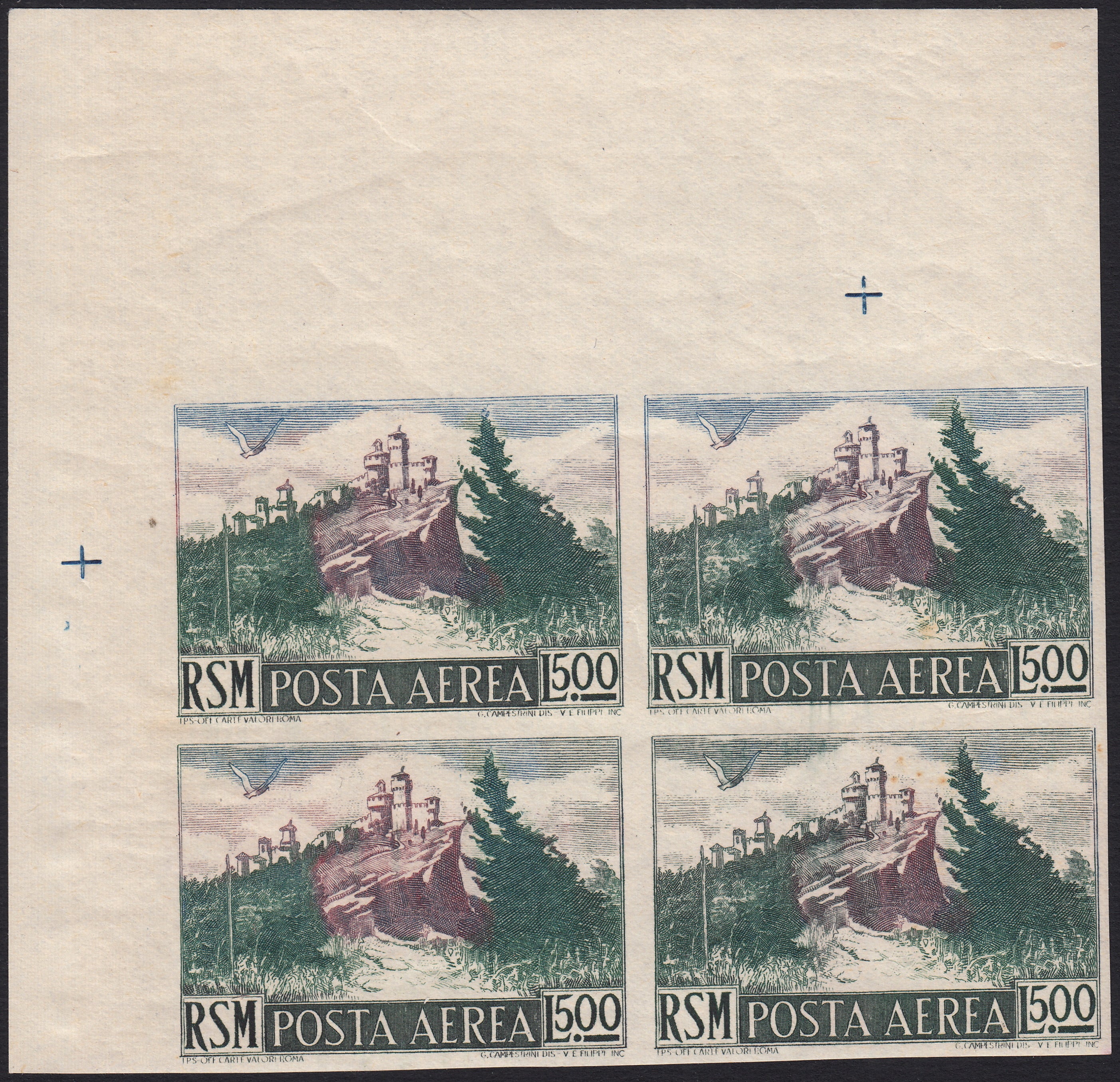 BO25_74 - Repubblica di San Marino  1950 - Posta Aerea, Vedute L. 500 verde e lilla bruno non dentellato blocco di quattro esemplari nuovo integro (91b)