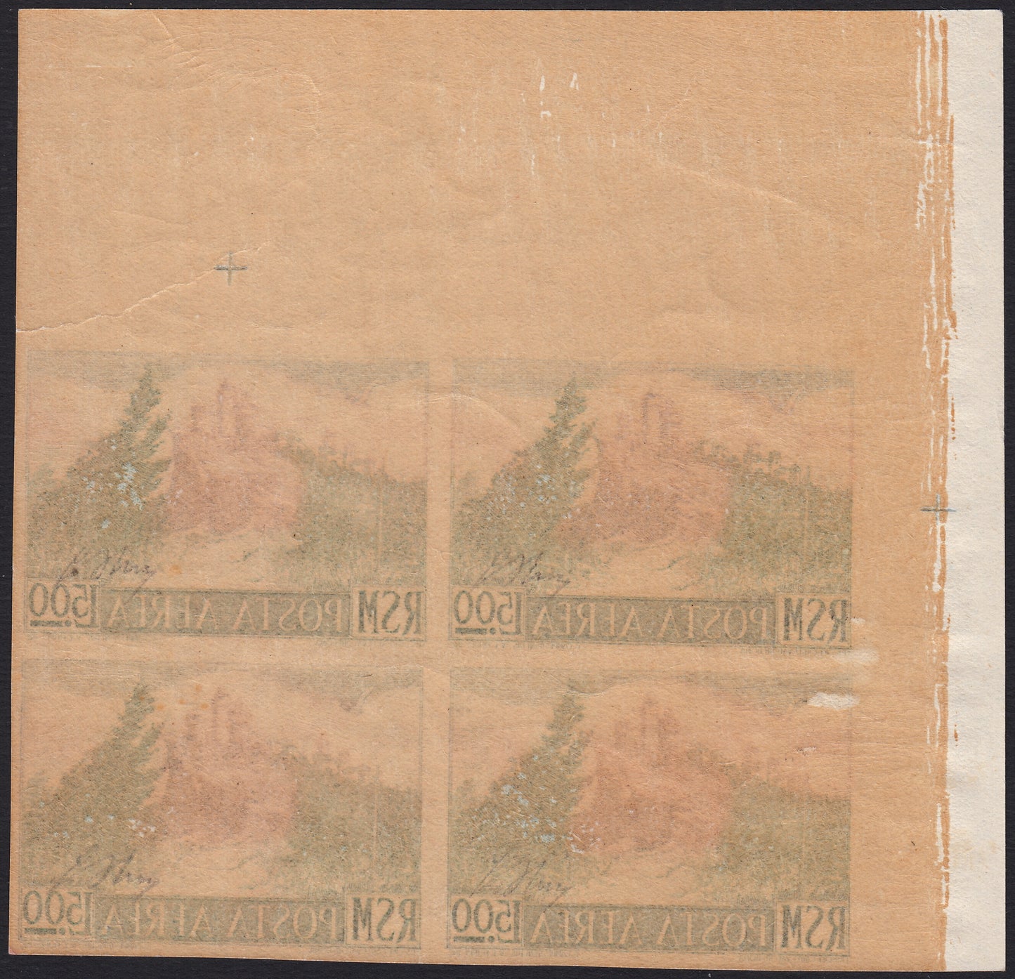 BO25_74 - Repubblica di San Marino  1950 - Posta Aerea, Vedute L. 500 verde e lilla bruno non dentellato blocco di quattro esemplari nuovo integro (91b)