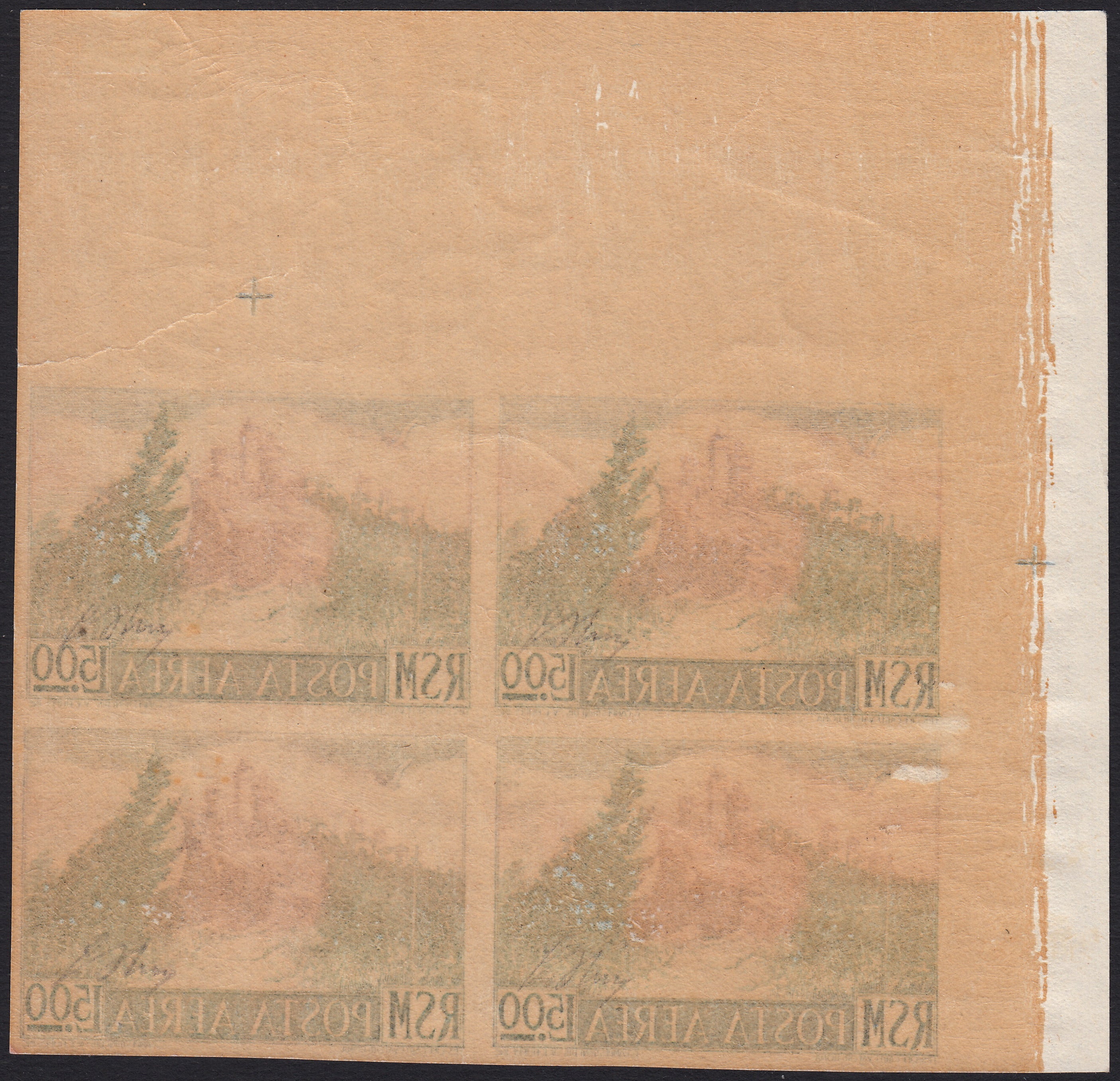 BO25_74 - Repubblica di San Marino  1950 - Posta Aerea, Vedute L. 500 verde e lilla bruno non dentellato blocco di quattro esemplari nuovo integro (91b)