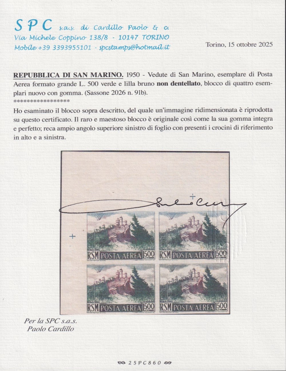 BO25_74 - Repubblica di San Marino  1950 - Posta Aerea, Vedute L. 500 verde e lilla bruno non dentellato blocco di quattro esemplari nuovo integro (91b)