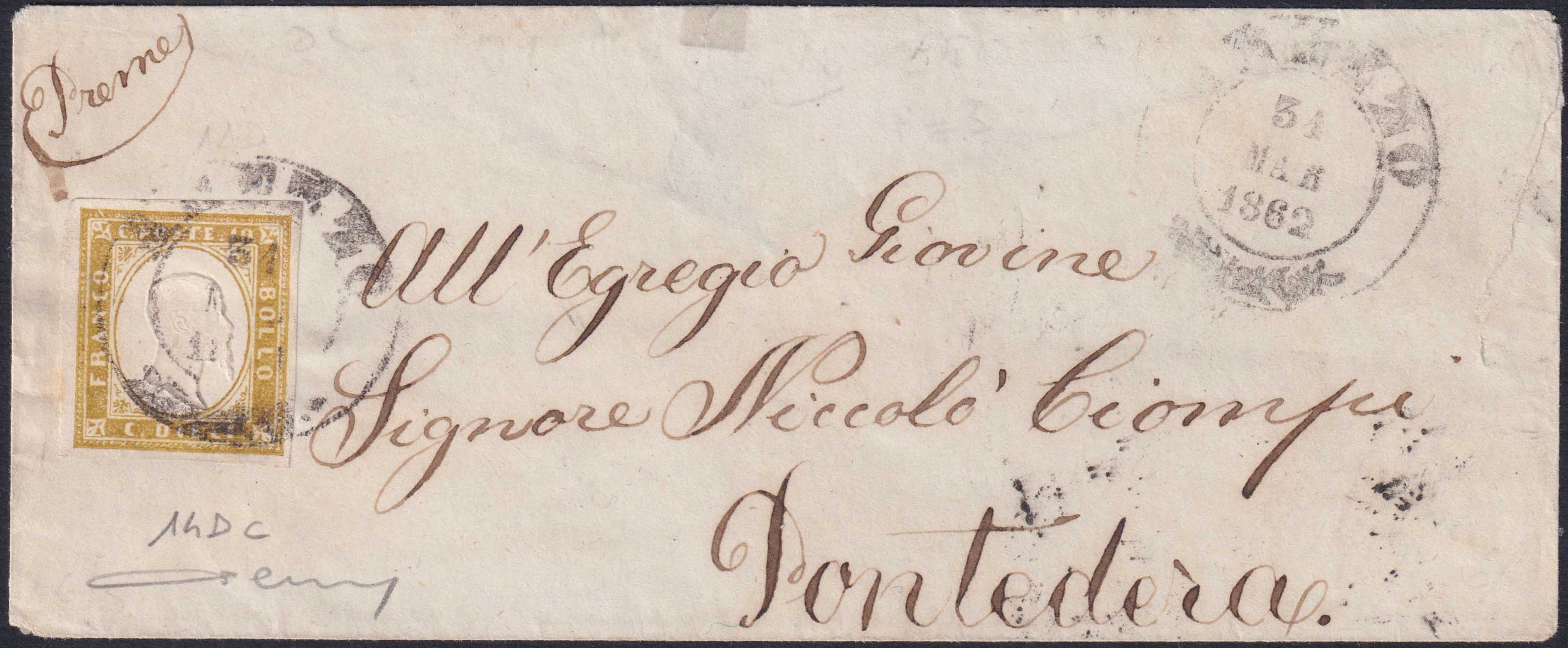7_1 - 1862 - Sardegna, c. 10 giallo olivastro II tavola isolato su lettera da Arezzo per Pontedera 31/3/62 (14Dc)