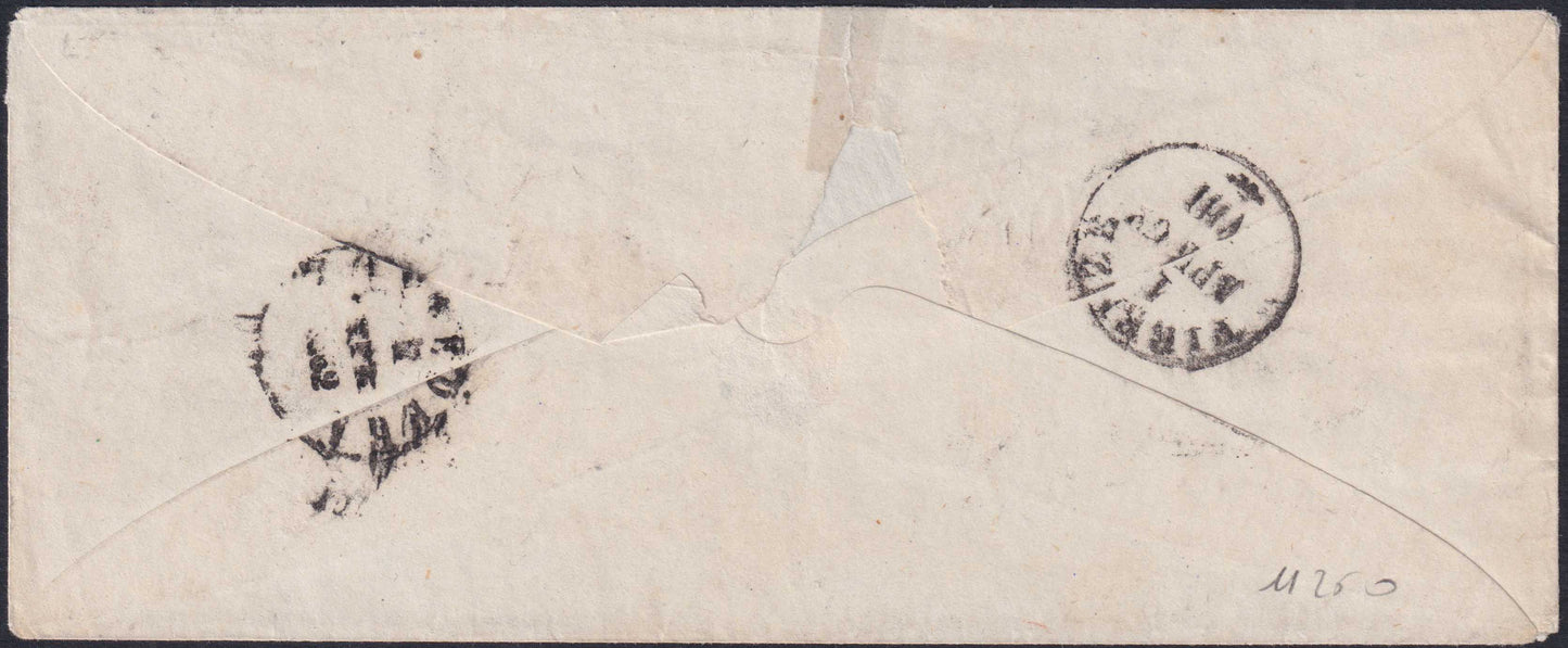 7_1 - 1862 - Sardegna, c. 10 giallo olivastro II tavola isolato su lettera da Arezzo per Pontedera 31/3/62 (14Dc)