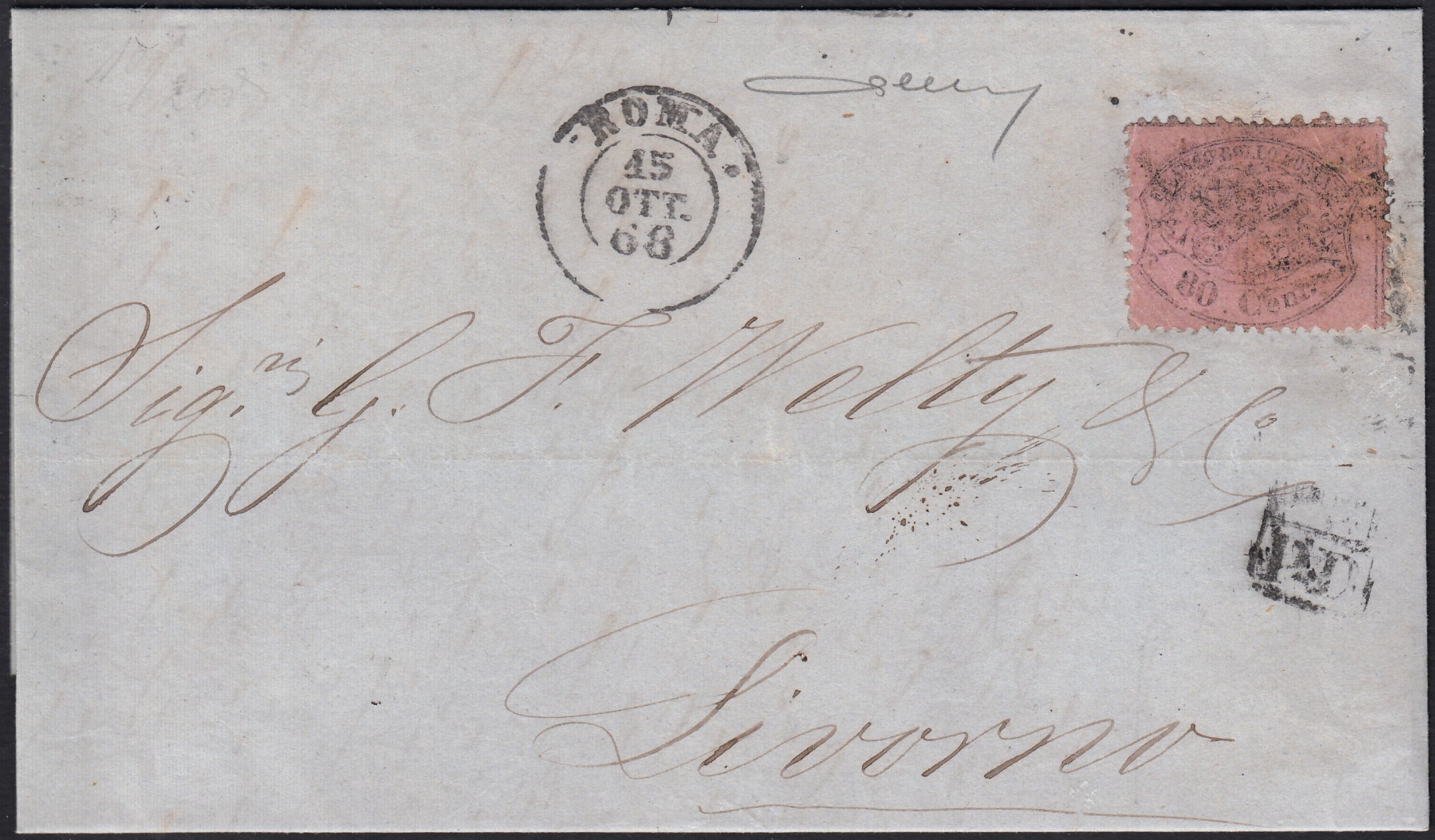 BO25_93 - 1868 - Pontificio III emissione c. 80 rosa chiaro su lettera da ROMA per Livorno 15/10/68 (30)