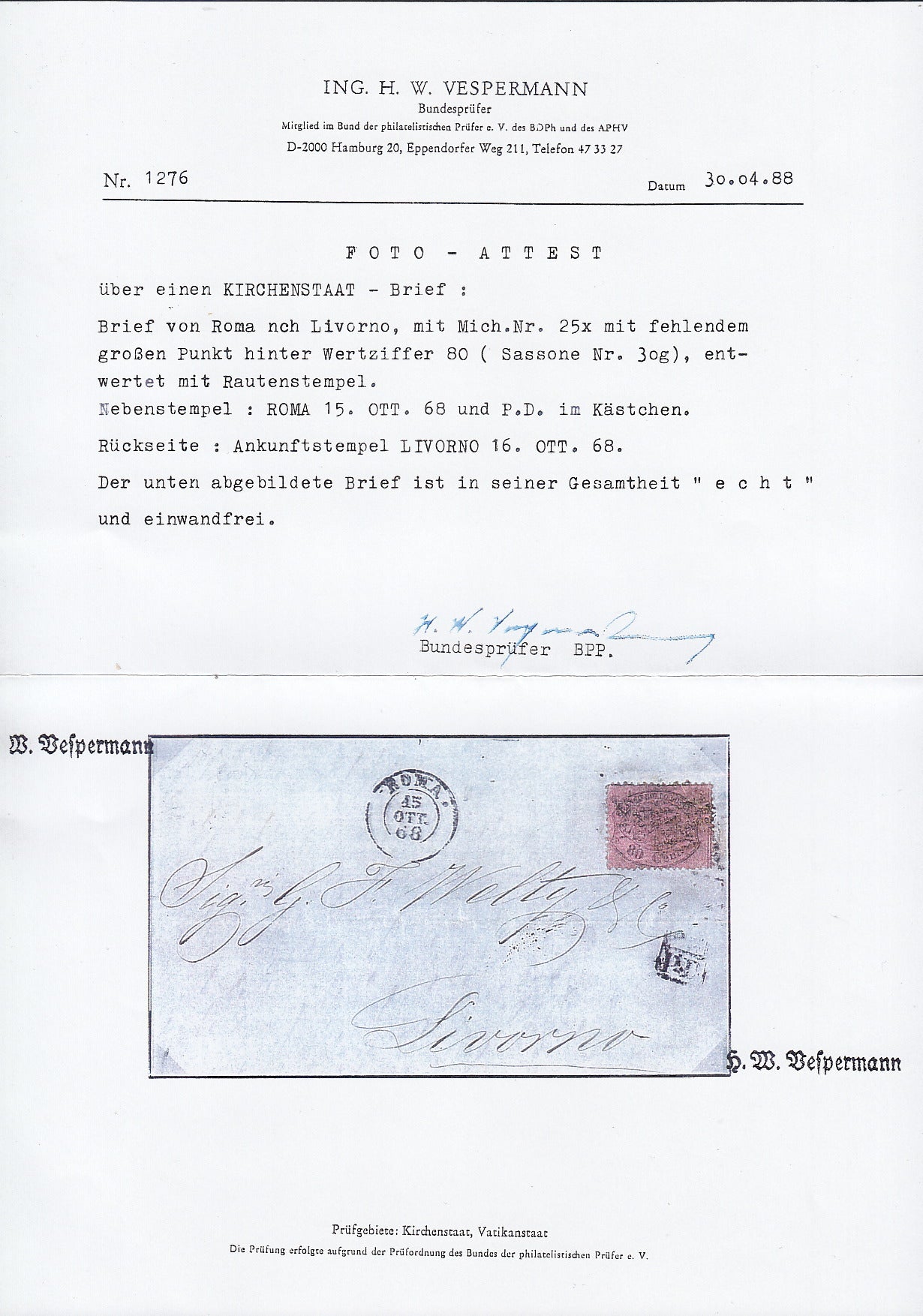 BO25_93 - 1868 - Pontificio III emissione c. 80 rosa chiaro su lettera da ROMA per Livorno 15/10/68 (30)