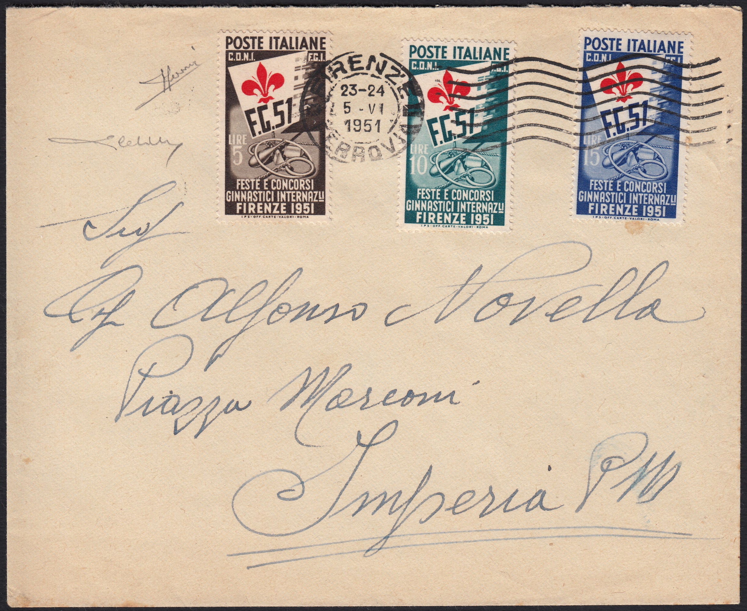 1961 Fragment stamped with complete Gronchi series with L. 205 Lilac Pink instead of Gray (918, 919, 921)