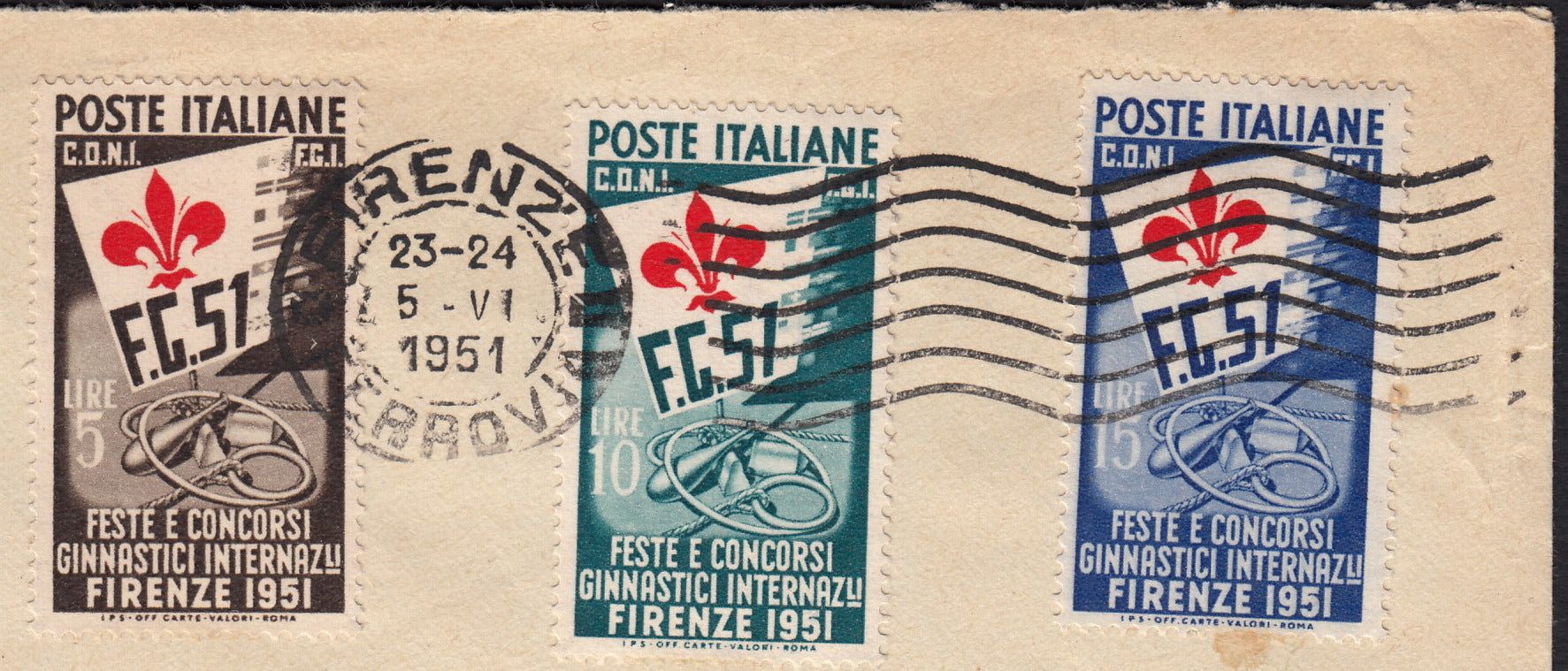 1961 Fragment stamped with complete Gronchi series with L. 205 Lilac Pink instead of Gray (918, 919, 921)