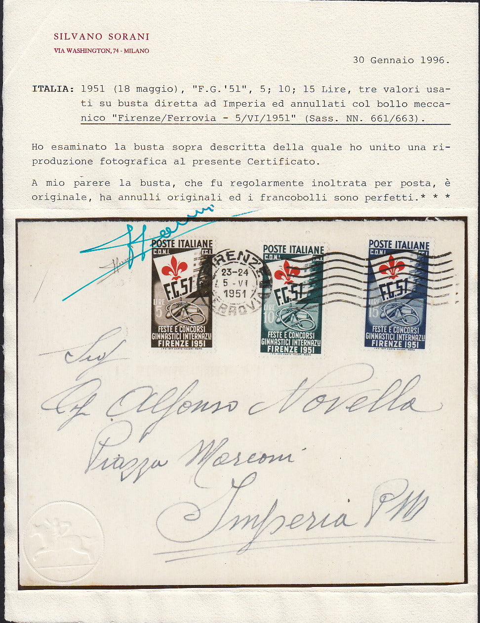 BO25_95 - 1951 - Feste e Concorsi Ginnici Internazionali a Firenze, serie completa di tre valori su lettera da Firenze per Imperia 5/6/1951. (661/663).