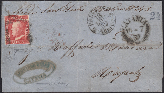 BO25_97 - 1859 - Lettera spedita da Catania per Napoli 5/7/59 affrancata con gr. 5 rosa carminio I tavola isolato (9)