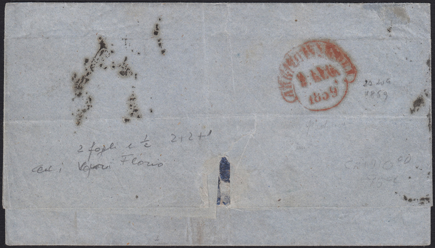 BO25_97 - 1859 - Lettera spedita da Catania per Napoli 5/7/59 affrancata con gr. 5 rosa carminio I tavola isolato (9)