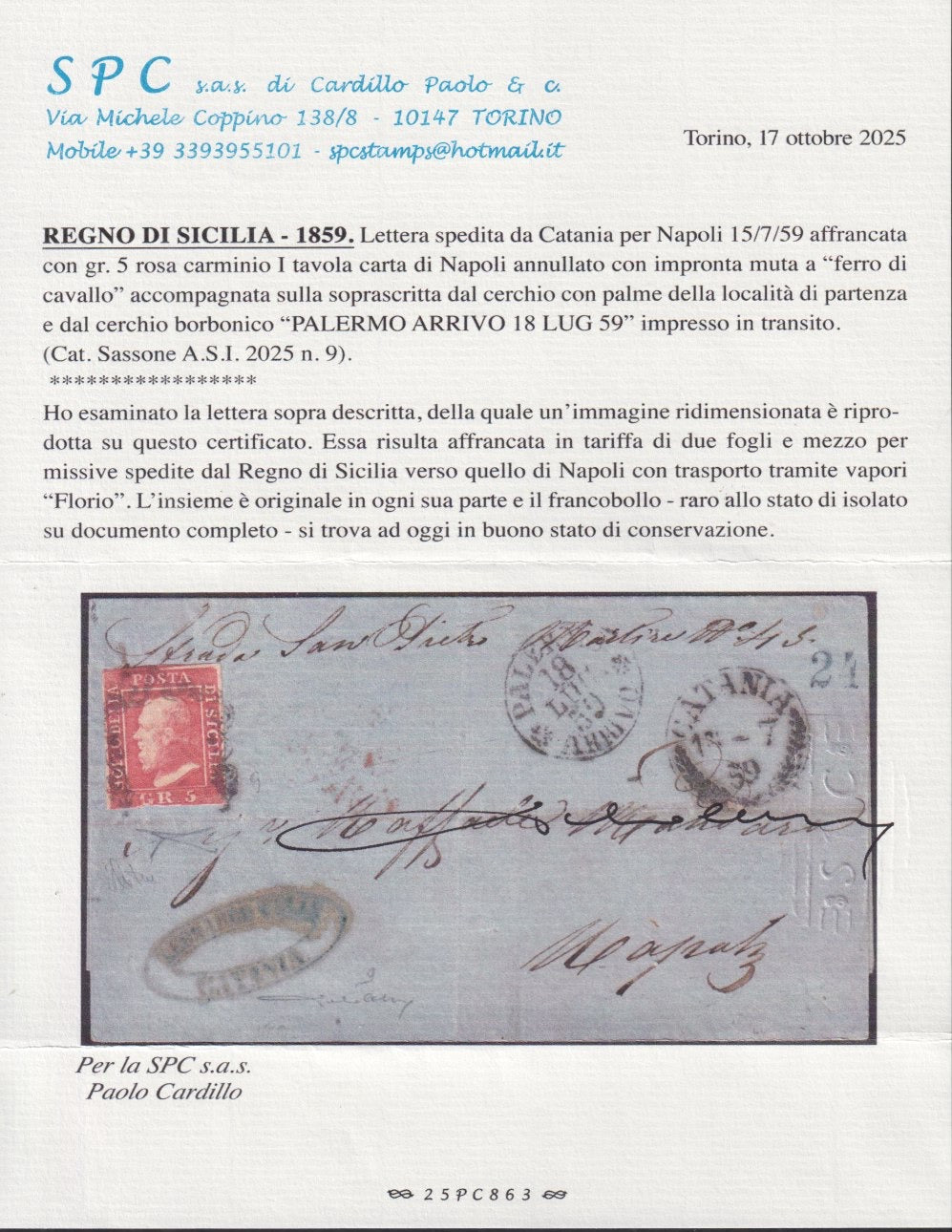 BO25_97 - 1859 - Lettera spedita da Catania per Napoli 5/7/59 affrancata con gr. 5 rosa carminio I tavola isolato (9)