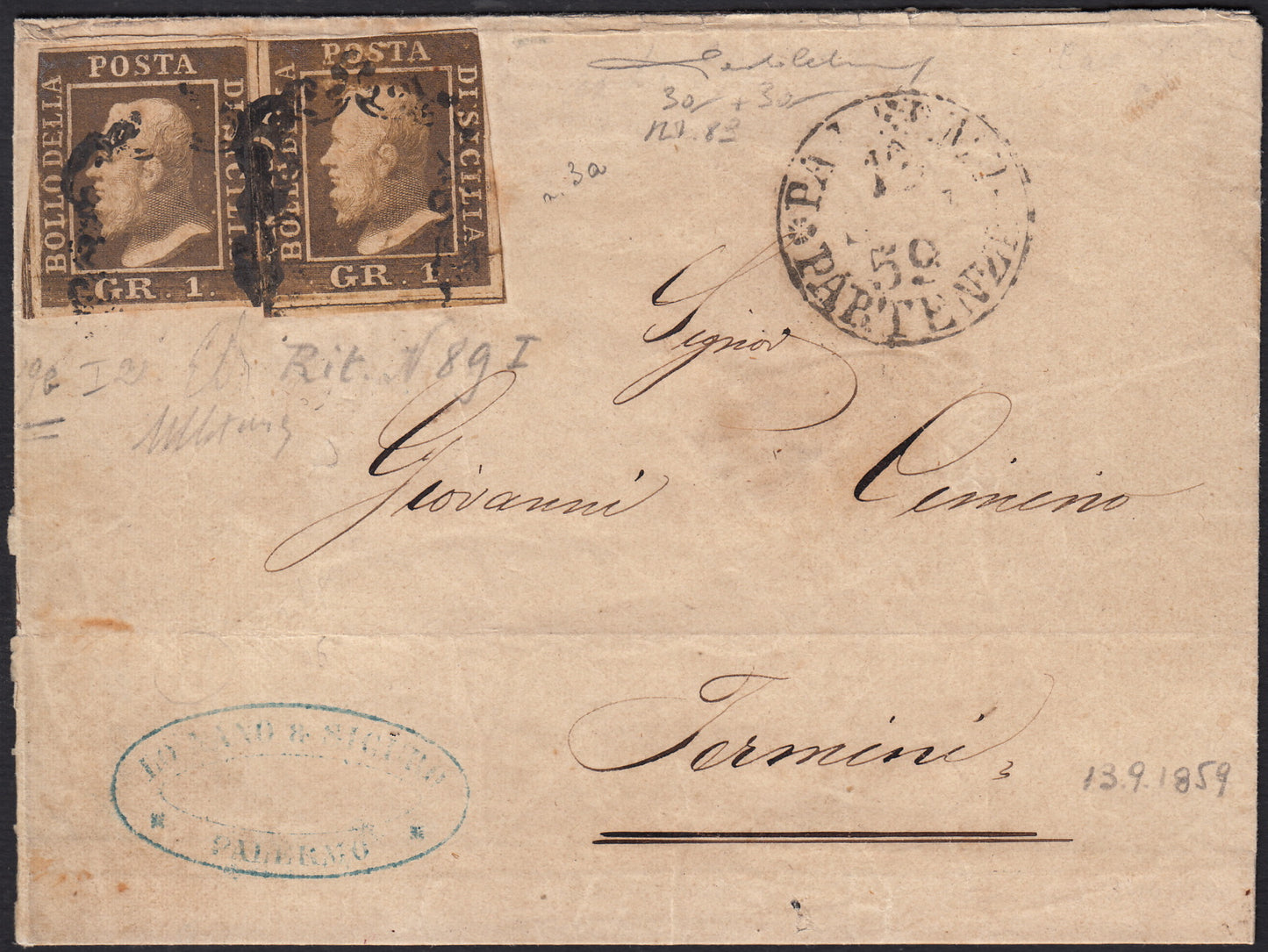 BO25_99 - 1859 - Lettera spedita da Palermo per Termini 13/9/59 affrancata con gr. 1 bruno ruggine intenso I tavola carta di Napoli due esemplari, uno con ritocco (3a, rit. 89)