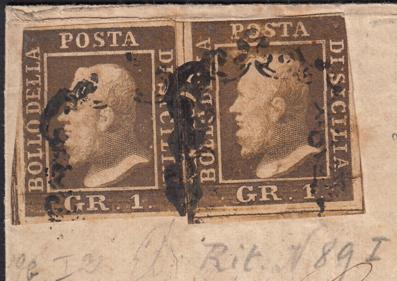 BO25_99 - 1859 - Lettera spedita da Palermo per Termini 13/9/59 affrancata con gr. 1 bruno ruggine intenso I tavola carta di Napoli due esemplari, uno con ritocco (3a, rit. 89)