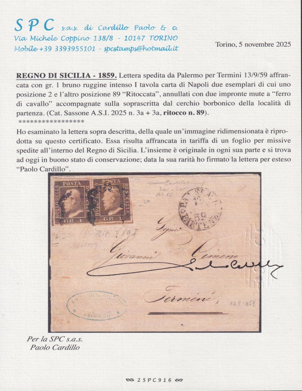 1859 - Papel negro índigo de 10 granos de Nápoles nuevo con goma original (12a) 