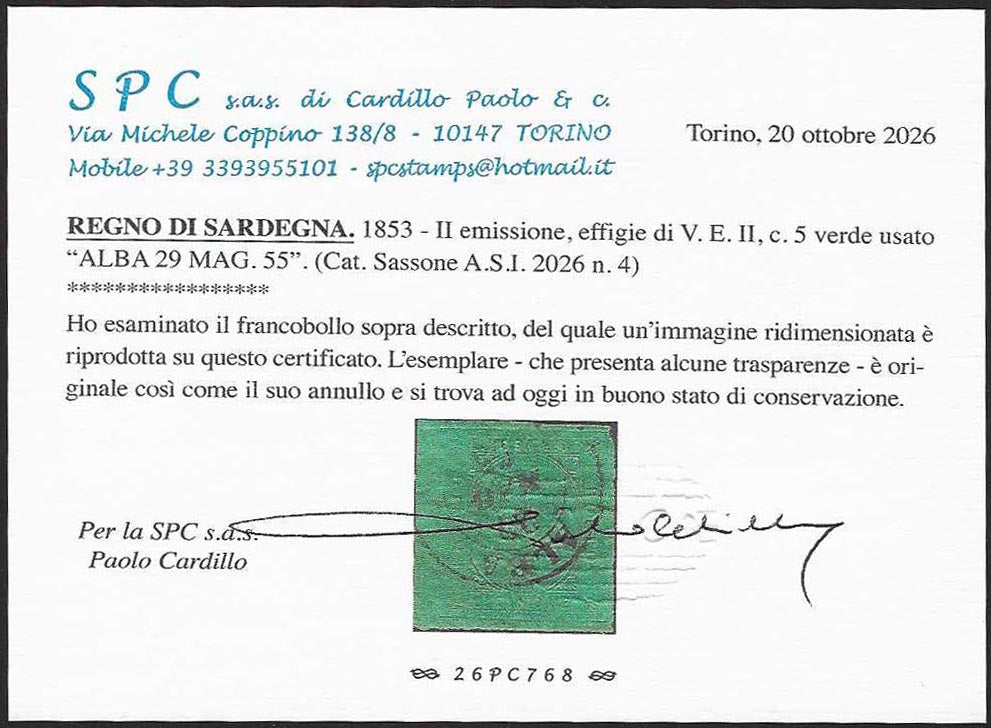 BO26_400 - 1853 - Sardegna II emissione c. 5 verde usato ad ALBA (4)