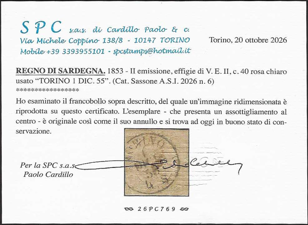 BO26_401 - 1853 - Sardegna II emissione c. 40 rosa chiaro usato a TORINO (6)