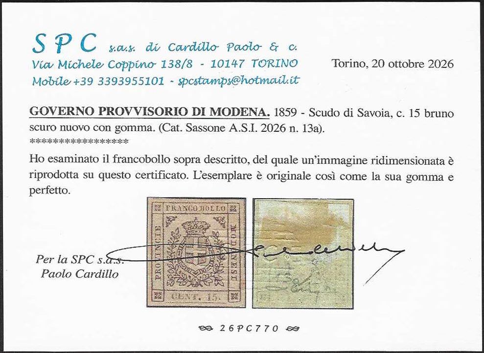 BO26_404 - 1859 - Governo Provvisorio di Modena c. 15 bruno scuro I composizione nuovo con gomma originale (13a)