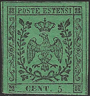 BO26_405 - 1852 - Ducato di Modena c. 5 verde emissione  nuovo con gomma originale (1)
