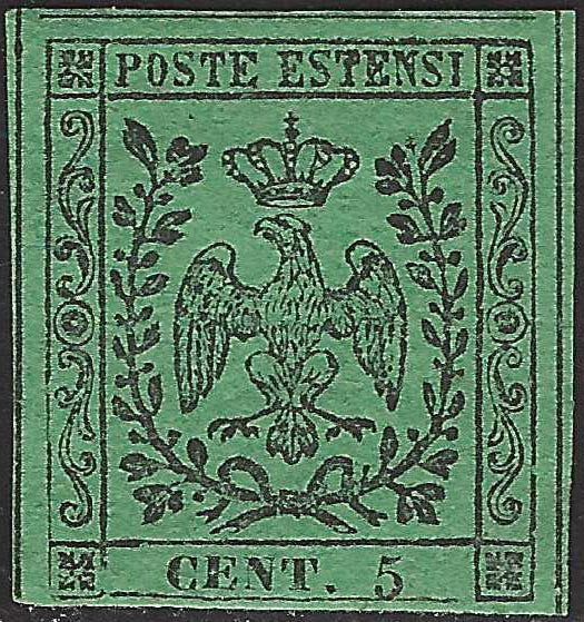 BO26_405 - 1852 - Ducato di Modena c. 5 verde emissione  nuovo con gomma originale (1)