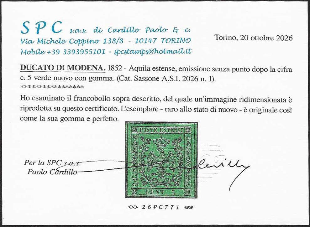 BO26_405 - 1852 - Ducato di Modena c. 5 verde emissione  nuovo con gomma originale (1)