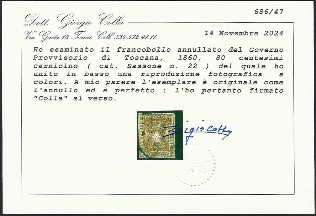 BO26_406 - 1860 - Governo Provvisorio di Toscana, c. 80 carnicino usato, grandi margini (22)
