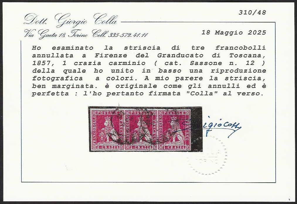 BO26_407 - 1857 - Granducato di Toscana, 1 crazia carminio chiaro II emissione striscia di 3 esemplari usata, grandi margini! (12)