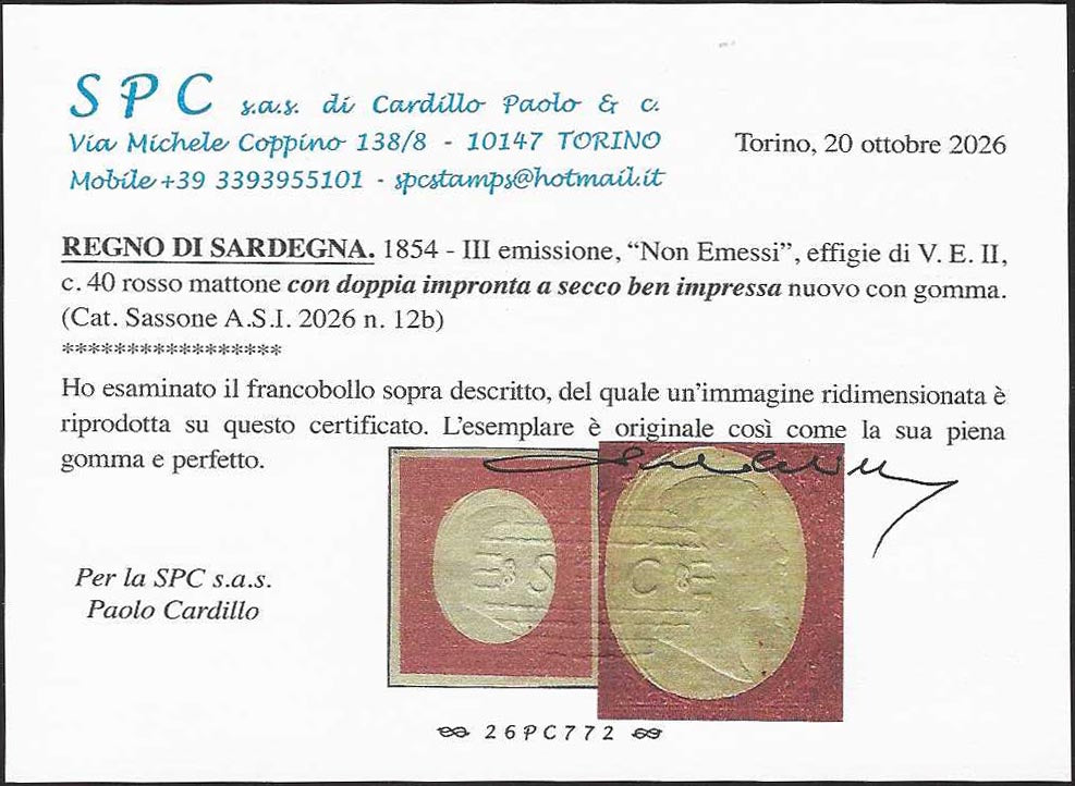 BO26_410 - 1854 - Regno di Sardegna III emissione non emessi, c. 40 rosso mattone doppia impronta a secco nuovo con gomma (12b)