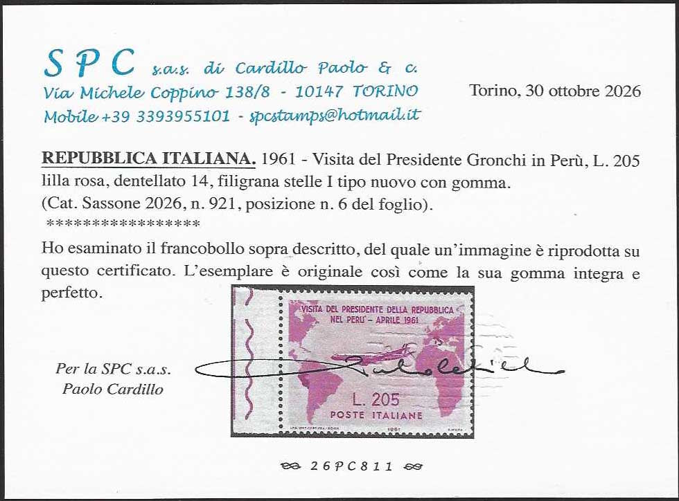 REP202 - 1961 - Visit of President Gronchi, 205 L. lilac rose, unused with gum intact (921)