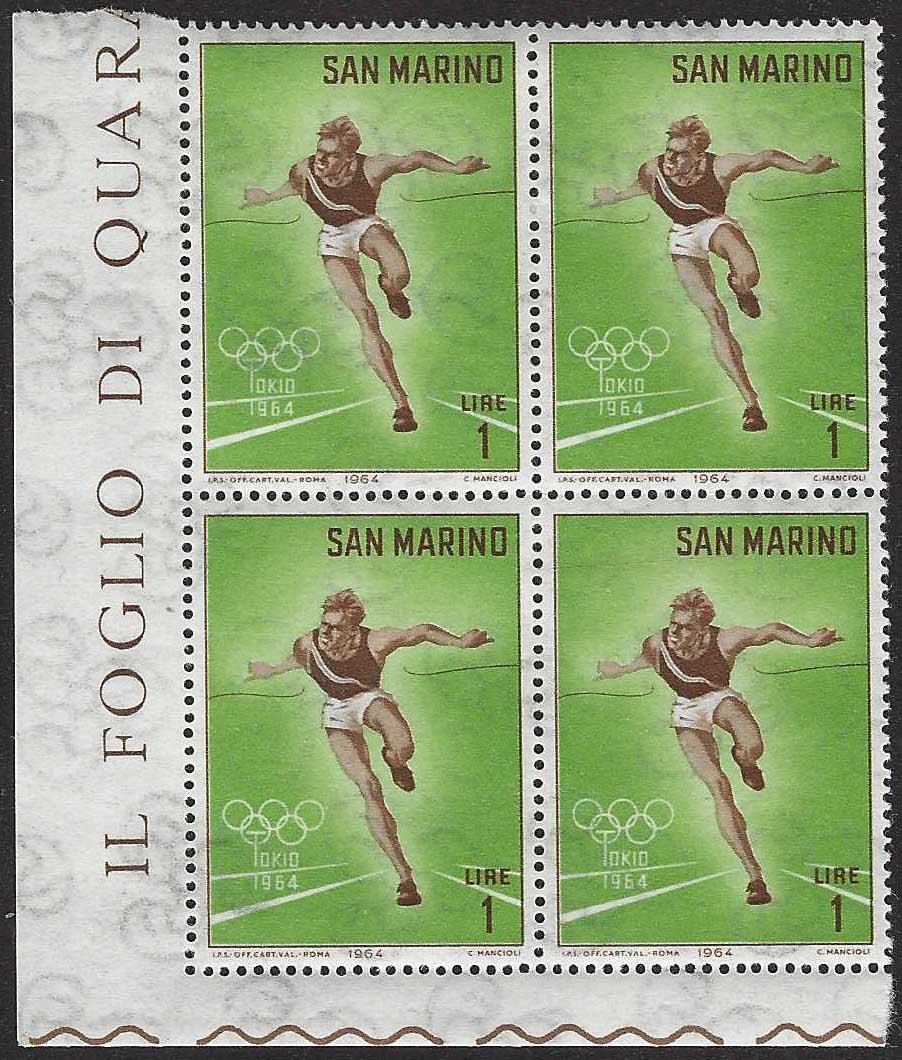 BO26_438 - 1964 - Olimpiadi di Tokio, serie completa di 10 valori nuovi con gomma integra in quartine angolo di foglio (662/671)
