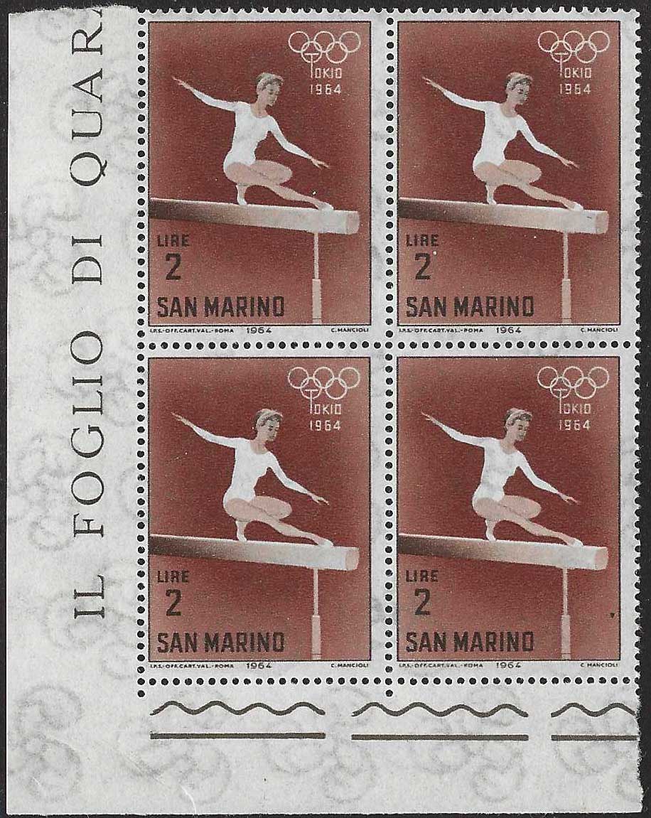 BO26_438 - 1964 - Olimpiadi di Tokio, serie completa di 10 valori nuovi con gomma integra in quartine angolo di foglio (662/671)