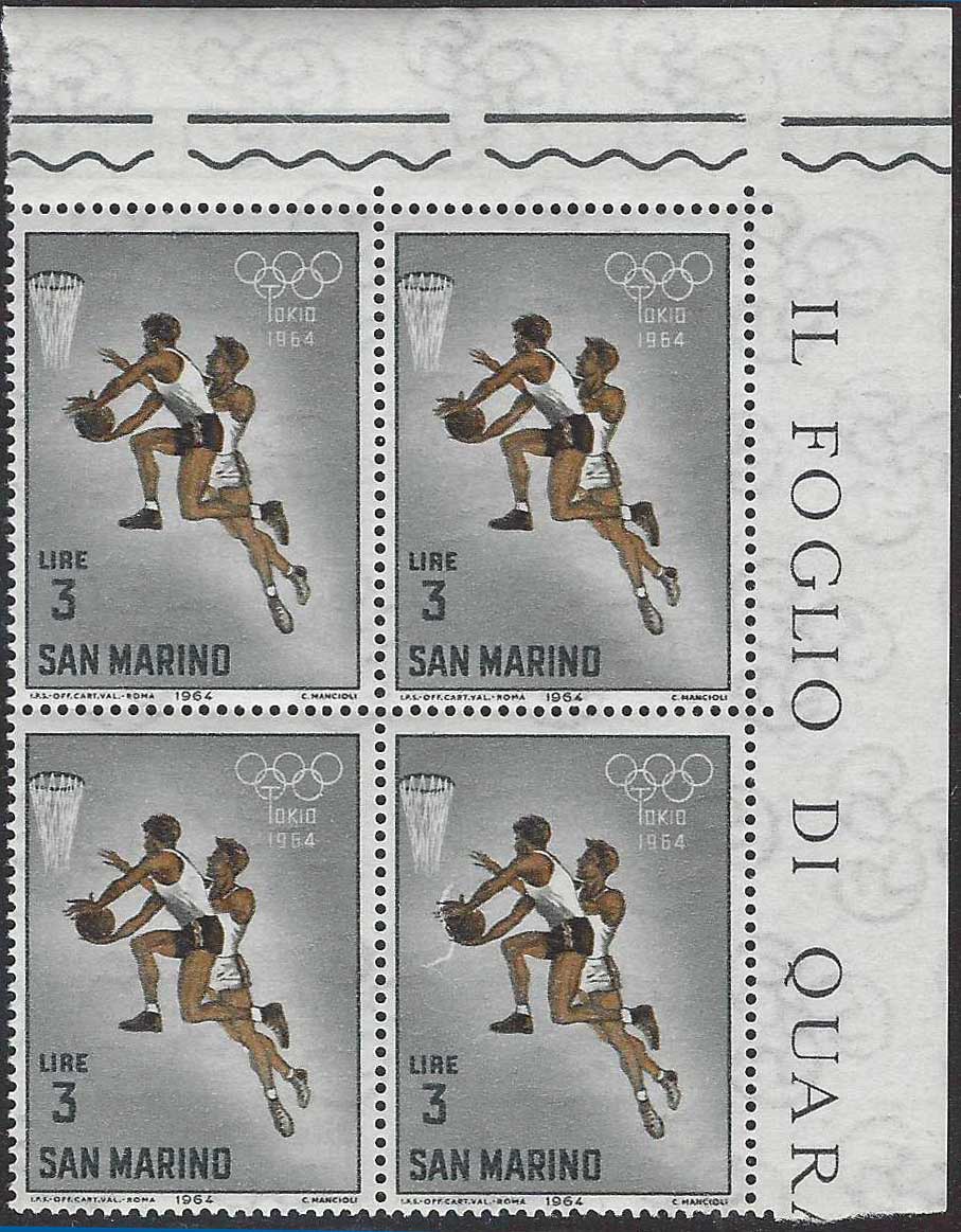 BO26_438 - 1964 - Olimpiadi di Tokio, serie completa di 10 valori nuovi con gomma integra in quartine angolo di foglio (662/671)
