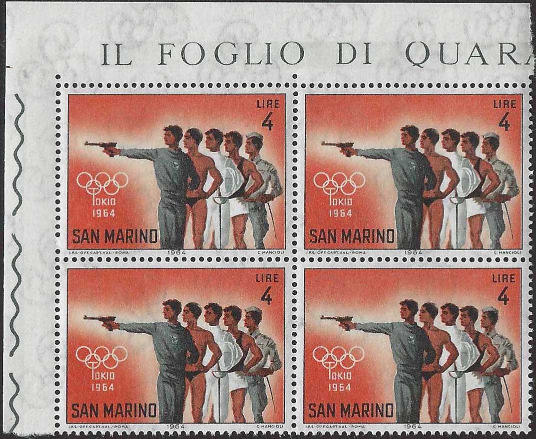 BO26_438 - 1964 - Olimpiadi di Tokio, serie completa di 10 valori nuovi con gomma integra in quartine angolo di foglio (662/671)