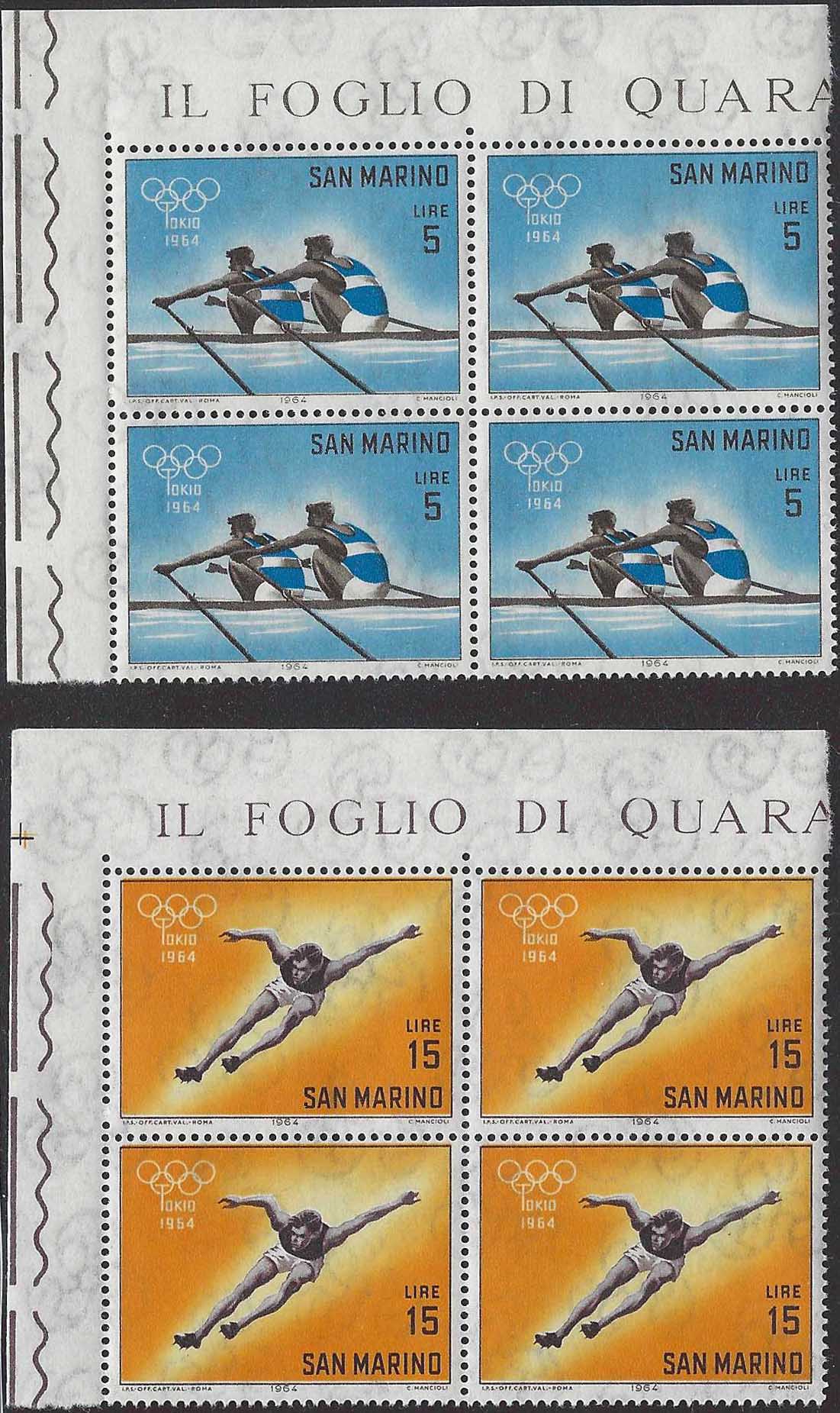 BO26_438 - 1964 - Olimpiadi di Tokio, serie completa di 10 valori nuovi con gomma integra in quartine angolo di foglio (662/671)