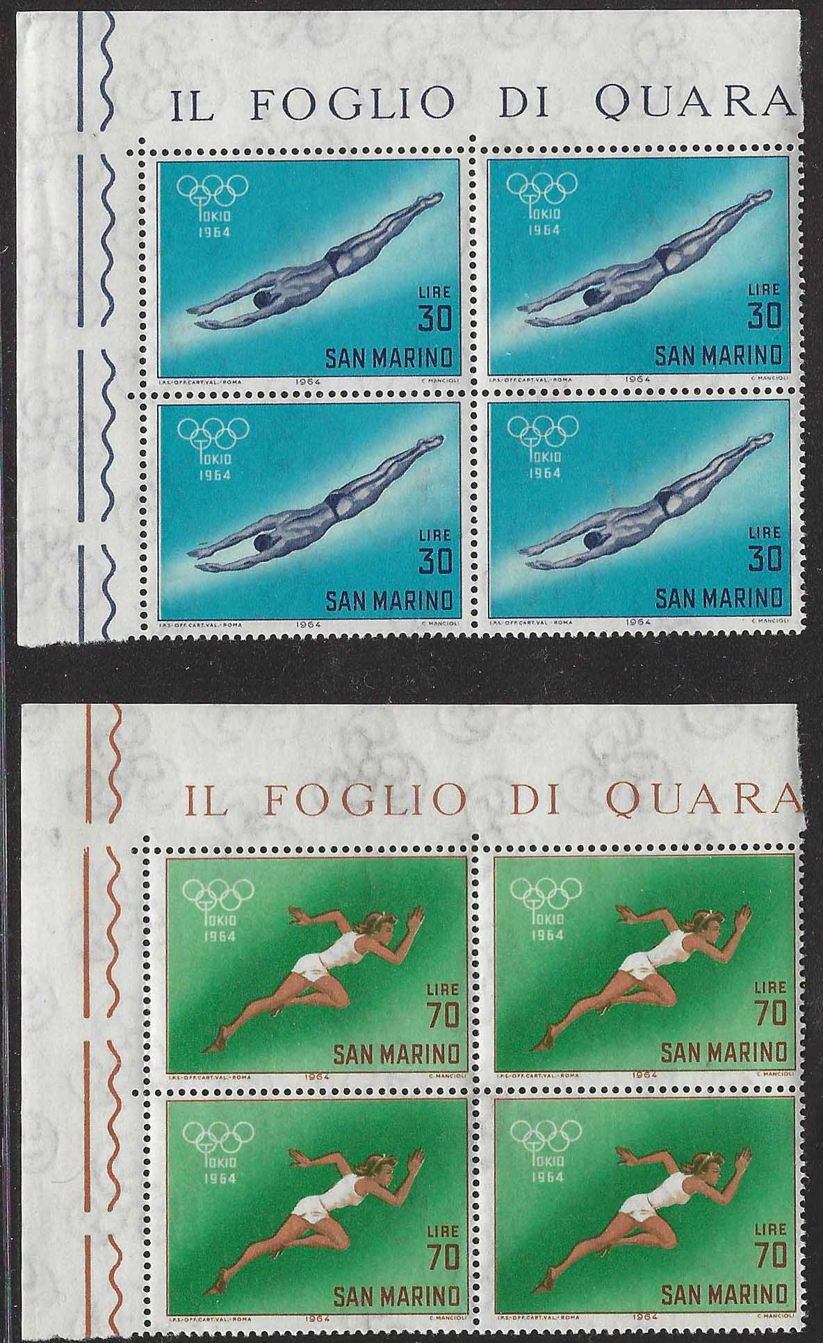 BO26_438 - 1964 - Olimpiadi di Tokio, serie completa di 10 valori nuovi con gomma integra in quartine angolo di foglio (662/671)