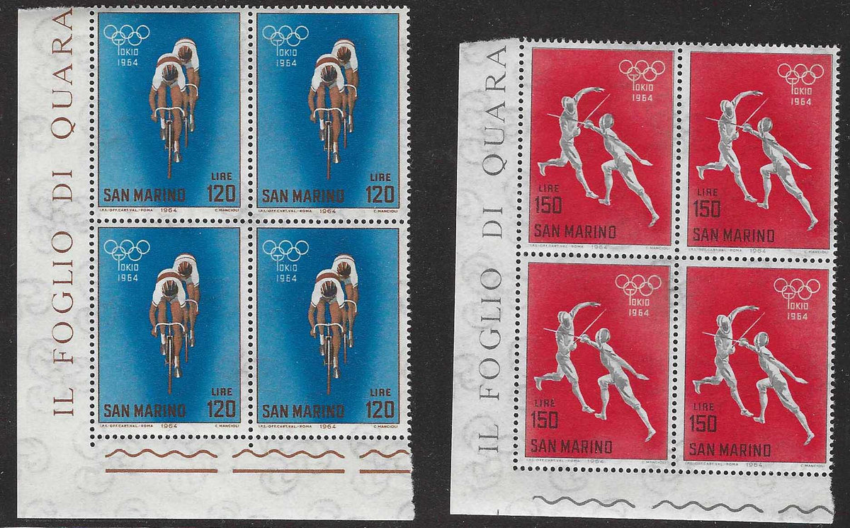 BO26_438 - 1964 - Olimpiadi di Tokio, serie completa di 10 valori nuovi con gomma integra in quartine angolo di foglio (662/671)