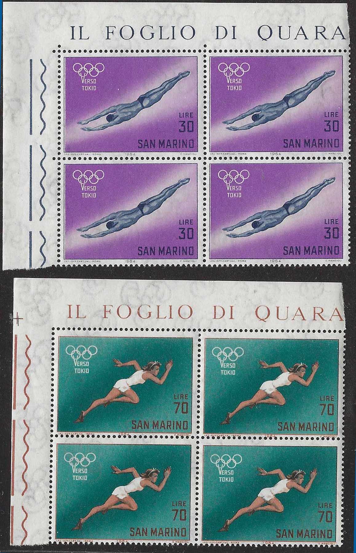 BO26_439 - 1964 - Preolimpica verso Tokio, serie completa di 2 valori nuovi con gomma integra in quartine angolo di foglio (660/661)