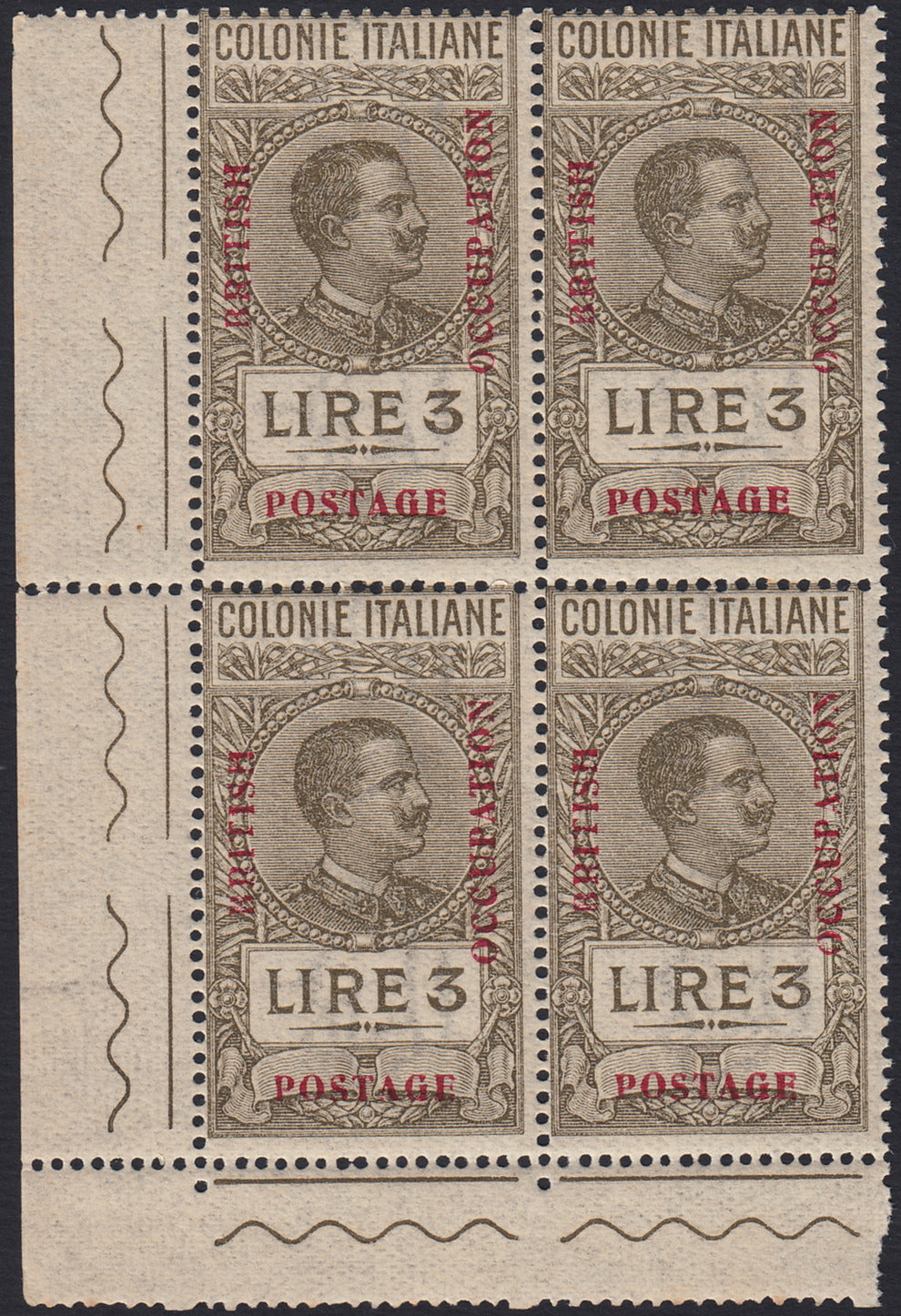 BOCC16 - 1941 - Marche fiscali delle Colonie Italiane soprastampate "British Occupation Postage", L. 3 oliva quartina nuova integra (12)